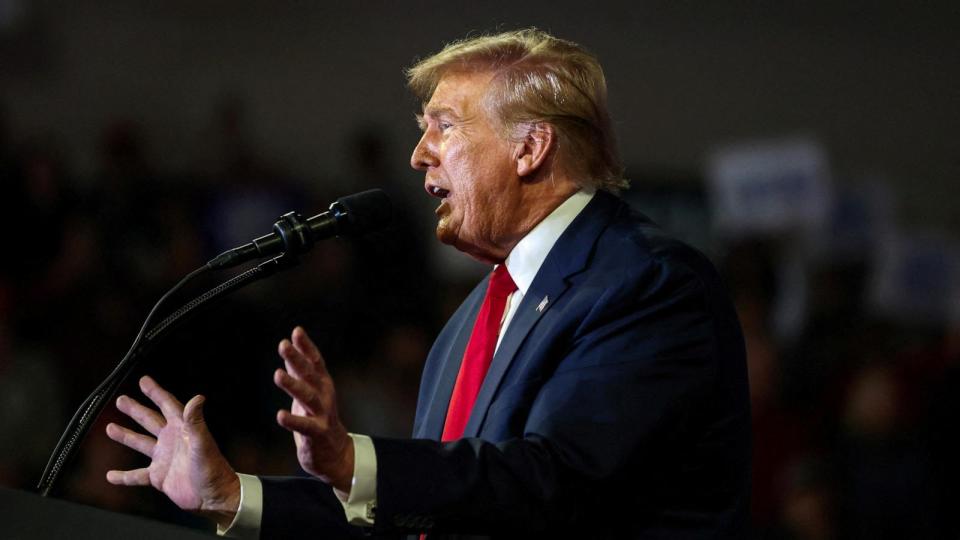 PHOTO: Republican presidential candidate and former U.S. President Donald Trump speaks as he holds a campaign rally at Coastal Carolina University ahead of the South Carolina Republican presidential primary in Conway, S.C., Feb. 10, 2024.  (Sam Wolfe/Reuters)