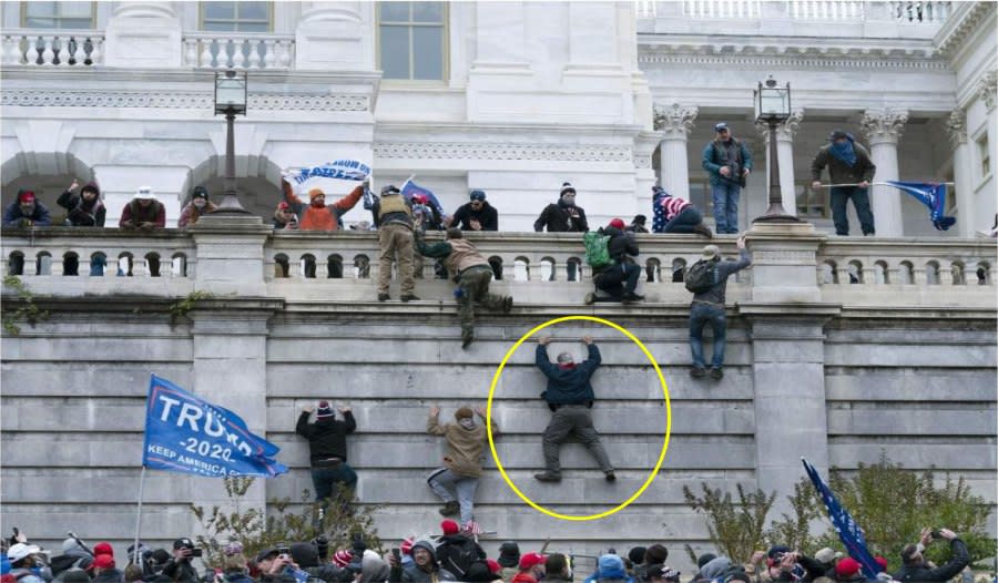 FBI investigation photos of Daniel Hatcher (circled in yellow) from the Jan. 6, 2021, riot at the U.S. Capitol.