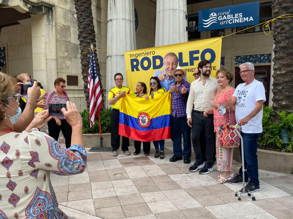 Supporters of Colombian presidential candidate Rodolfo Hernandez, near the Colombian consulate in Coral Gables, Fla. on Wednesday. (Carmen Sesin / NBC News)