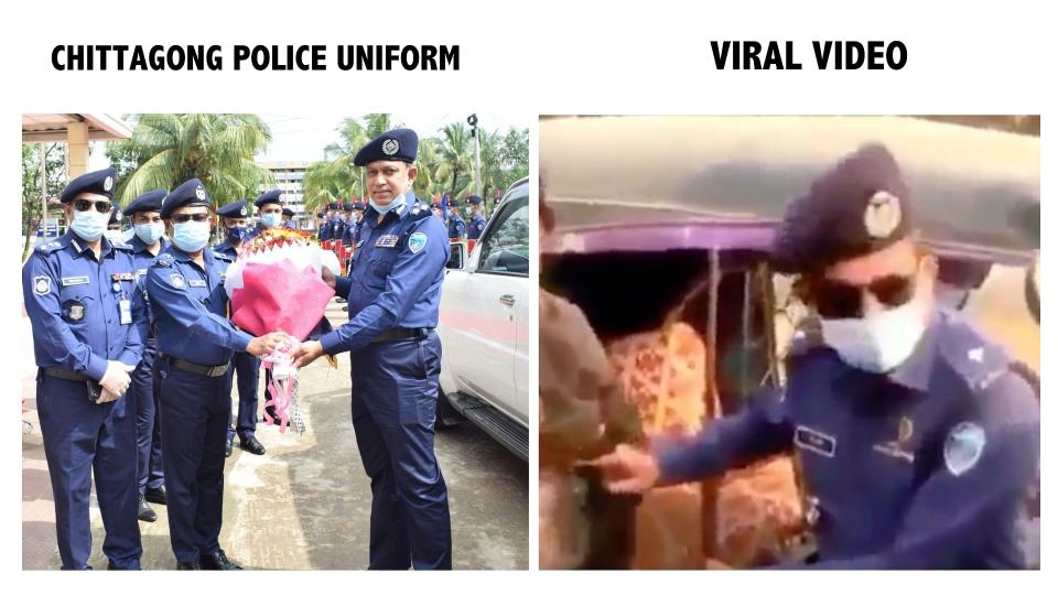 <div class="paragraphs"><p>Uniform of Chittagong police (L), Screengrab from viral video (R).</p></div>