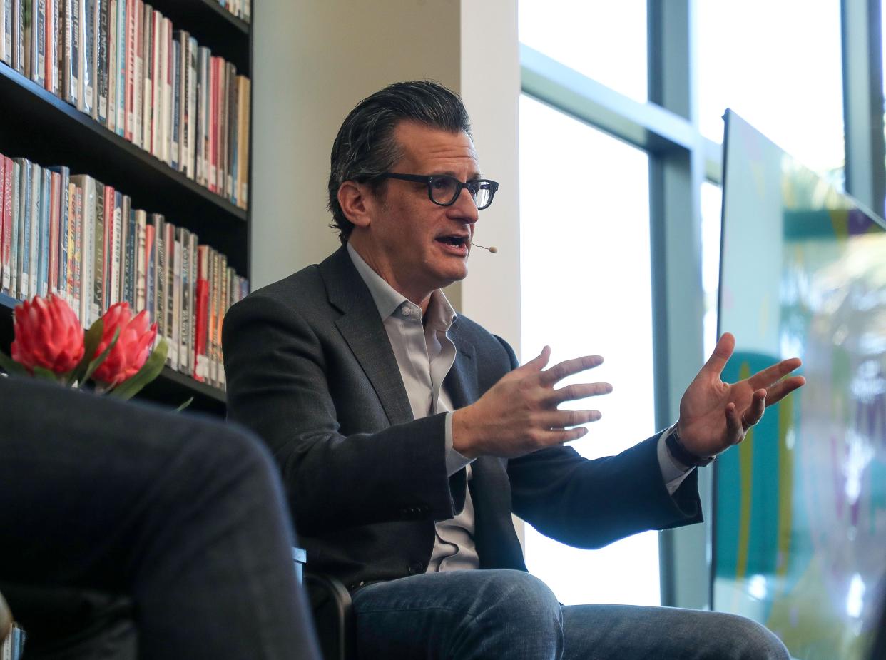 Ben Mankiewicz speaks during the Rancho Mirage Writers Festival at the Rancho Mirage Public Library, February 1, 2023.  