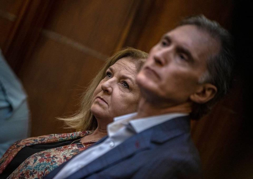 Deborah and Kim Clenney, the parents of OnlyFans model Courtney Clenney, are seen during a detention hearing where prosecutors laid out their evidence in detail, as defense attorneys seek her release on bail. She is accused of murdering her boyfriend Christian Obumseli in April 2022. The hearing took place at the Richard E. Gerstein Justice Building, in Miami, on Tuesday, November 15, 2022.