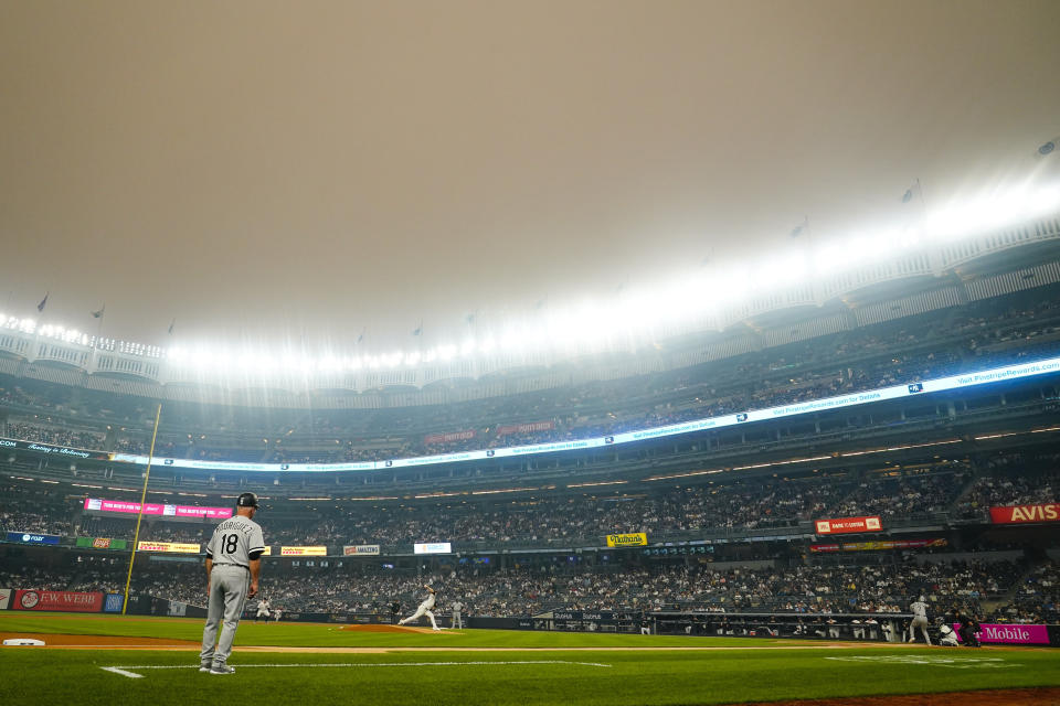 New York Yankees' Clarke Schmidt pitches to Chicago White Sox's Tim Anderson during the first inning of a baseball game Tuesday, June 6, 2023, in New York. (AP Photo/Frank Franklin II)