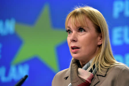 EU Industry Commissioner Elzbieta Bienkowska holds a news conference on the European Defence Action Plan in Brussels, Belgium November 30, 2016. REUTERS/Eric Vidal