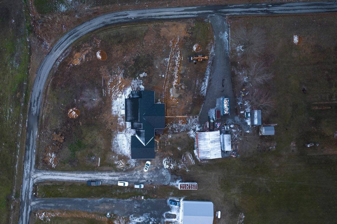 Construction is underway on Margaret Whitmer’s home near Bremen, Ky., on Thursday, Feb. 2, 2023. A tornado on Dec. 10, 2021, destroyed Whitmer’s previous home on the site.