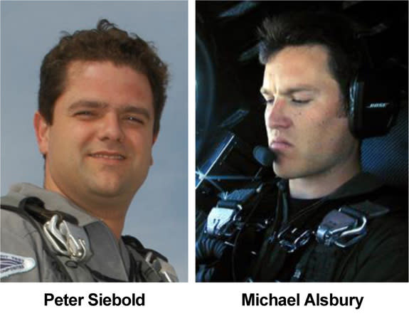 Scaled Composites test pilots Peter Seibold (left) and Michael Alsbury were flying Virgin Galactic's first SpaceShipTwo when it broke apart and crashed over California's Mojave Desert on Oct. 31, 2014. Alsbury was killed in the crash, which ser
