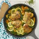 <p>This easy one-pan skillet-roasted lemon chicken is perfect for weeknight dinners. Juicy chicken thighs are cooked in the same pan as baby potatoes and kale for a satisfying meal with the added bonus of minimal cleanup. <a href="https://www.eatingwell.com/recipe/272467/skillet-lemon-chicken-potatoes-with-kale/" rel="nofollow noopener" target="_blank" data-ylk="slk:View Recipe" class="link ">View Recipe</a></p>