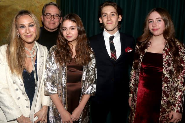 <p>Bruce Glikas/WireImage</p> Sarah Jessica Parker and Matthew Broderick and their three children attend a Broadway opening in December 2022.