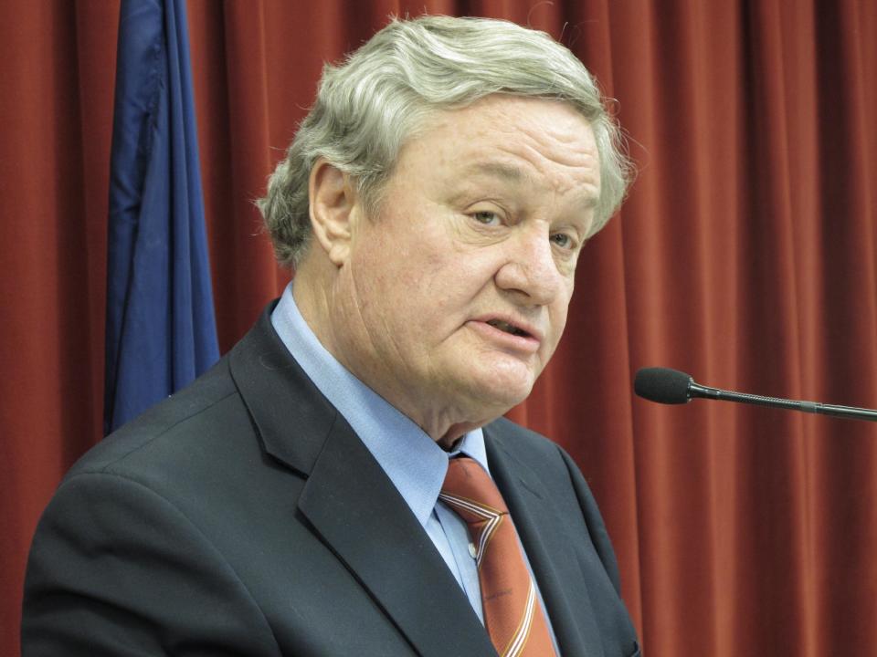 North Dakota Gov. Jack Dalrymple speaks on Monday, April 16, 2012, to a group of North Dakota state agency administrators in the Brynhild Haugland Room of the North Dakota Capitol in Bismarck, N.D., about the guidelines they should follow in drafting budgets for the 2013-15 biennium. Dalrymple asked the agency directors to prepare budgets without increasing their current spending levels, and to identify possible 3 percent reductions. (AP Photo/Dale Wetzel)