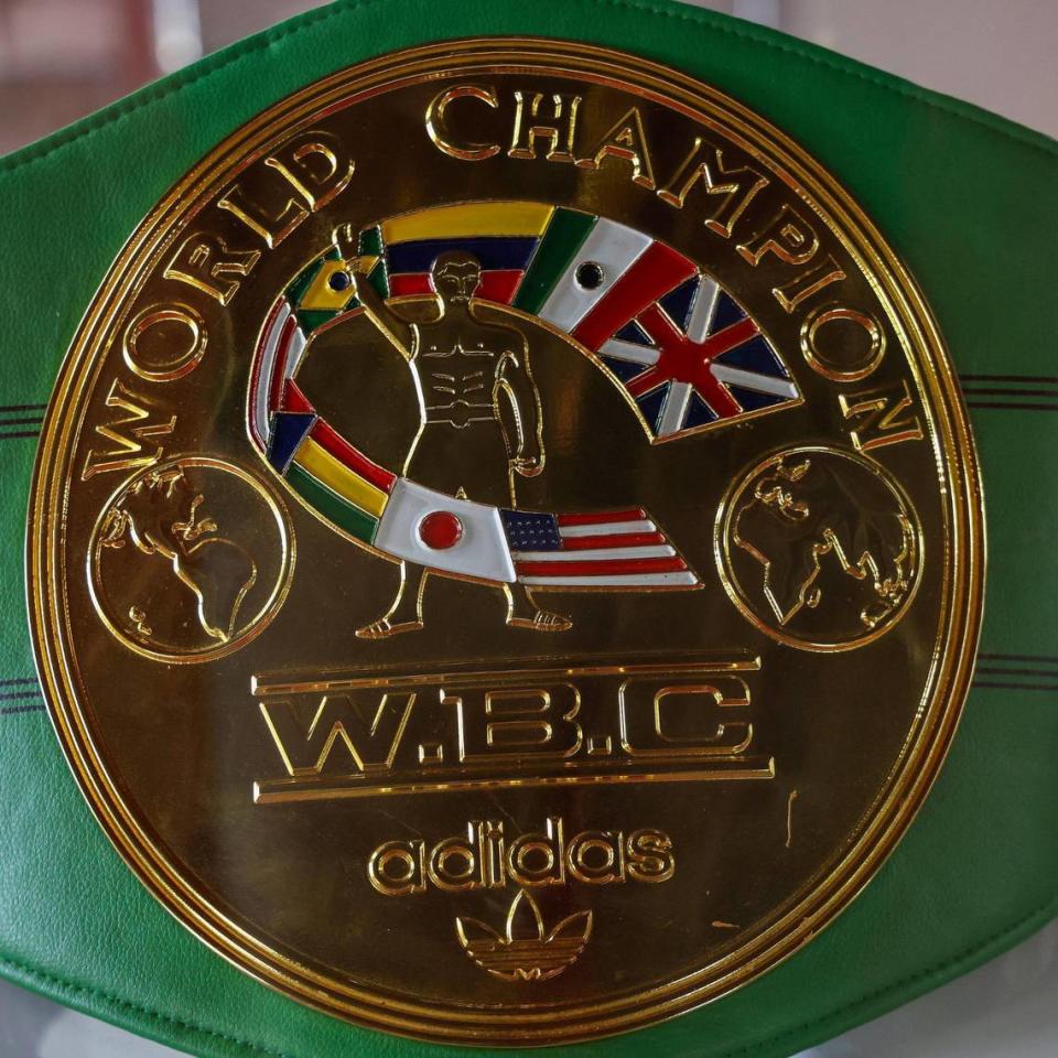 Muhammad Ali’s W.B.C. belt at the exhibit reflecting on the 60th Anniversary of the Ali and Sonny Liston fight through photographs, personal items on display at the Fifth Street Gym in Miami Beach. Carl Juste/cjuste@miamiherald.com