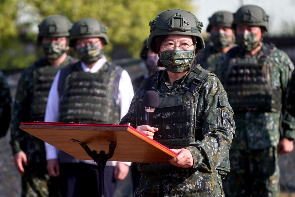 Taiwan President Tsai Ing-wen visits army reservist troop during a training in Nanshipu, Taiwan March 12, 2022. REUTERS/Ann Wang