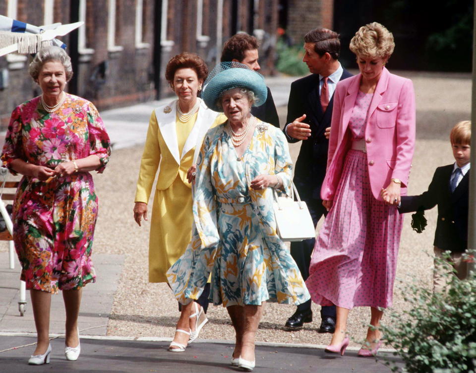LONDON, UNITED KINGDOM - AUGUST 04:  Queen Mother's 92 Birthday. The Queen, Princess Margaret, The Queen  Mother, Viscount Linley, Prince Charles,  Princess Diana And Prince Harry Walking Outside Clarence House.  (Photo by Tim Graham Photo Library via Getty Images)
