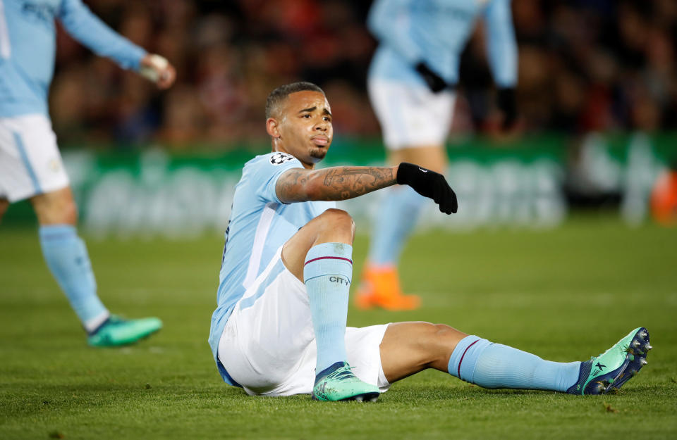 <p>Soccer Football – Champions League Quarter Final First Leg – Liverpool vs Manchester City – Anfield, Liverpool, Britain – April 4, 2018 Manchester City’s Gabriel Jesus reacts Action Images via Reuters/Carl Recine </p>