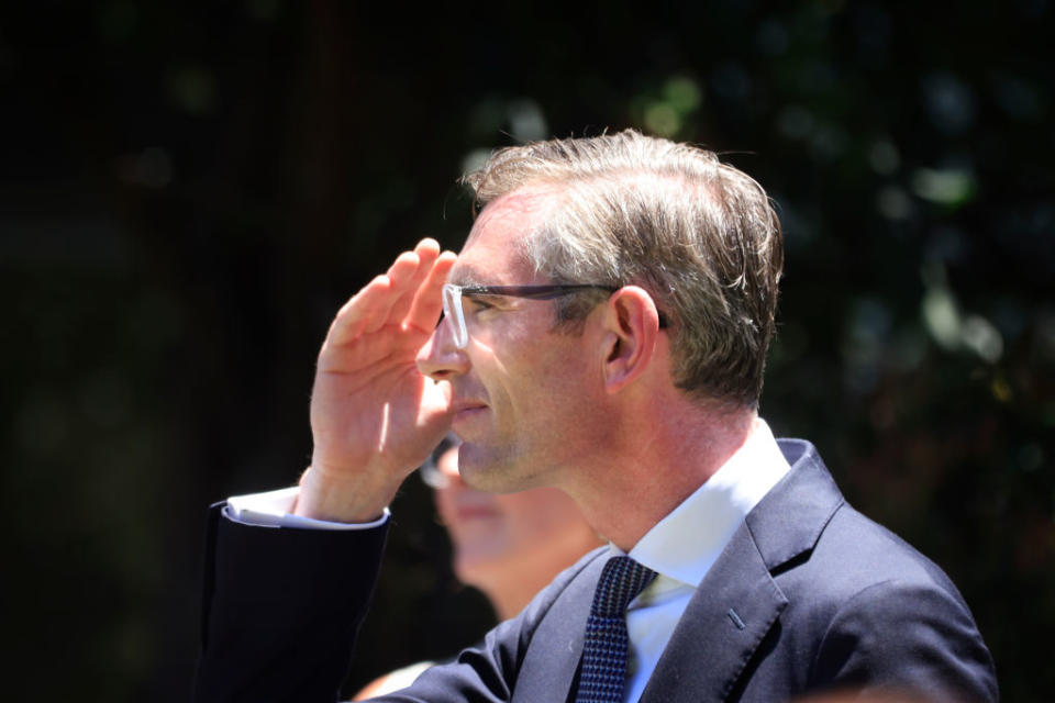 NSW Premier Dominic Perrottet looks on during a Covid-19 update in Sydney, Australia. 