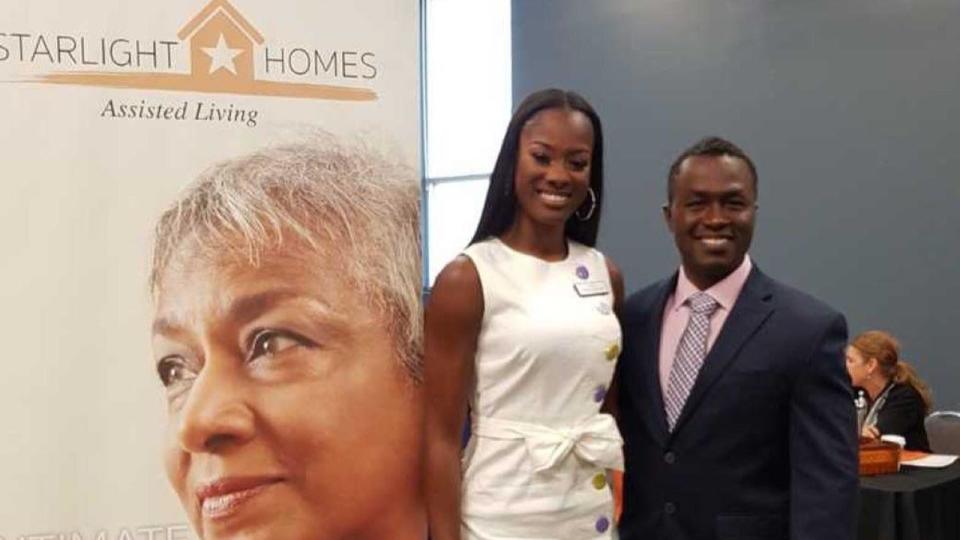 Andreen McDonald, pictured with Andre McDonald, in front of a sign for Starlight Homes, their assisted living business in San Antonio. / Credit: Instagram