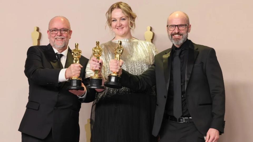 Josh Weston, Nadia Stacey and Mark Coulier at Academy Awards 2024