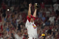 St. Louis Cardinals relief pitcher Giovanny Gallegos celebrates after defeating the Milwaukee Brewers in a baseball game to clinch a playoff spot Tuesday, Sept. 28, 2021, in St. Louis. (AP Photo/Jeff Roberson)