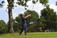 Bryson Dechambeau hits on the 17th hole during the third round of the FedEx St. Jude Invitational golf tournament, Saturday, Aug. 7, 2021, in Memphis, Tenn. (AP Photo/John Amis)