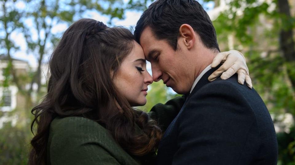 shailene woodley and callum turner embrace in a scene from last letter from your lover, a good housekeeping pick for best romantic movies