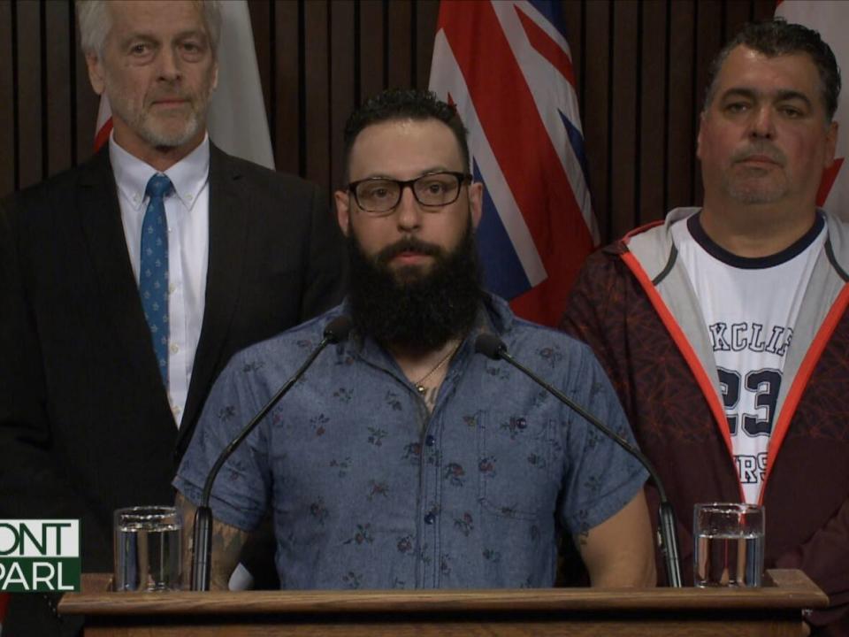 Left to right: NDP MPP Chris Glover, Mathew Renda, general manager of Boshkung  Brewing Company in Minden, and Mark Dracup, co-owner of The Rockcliffe restaurant, bar and hotel in Minden. (CBC - image credit)