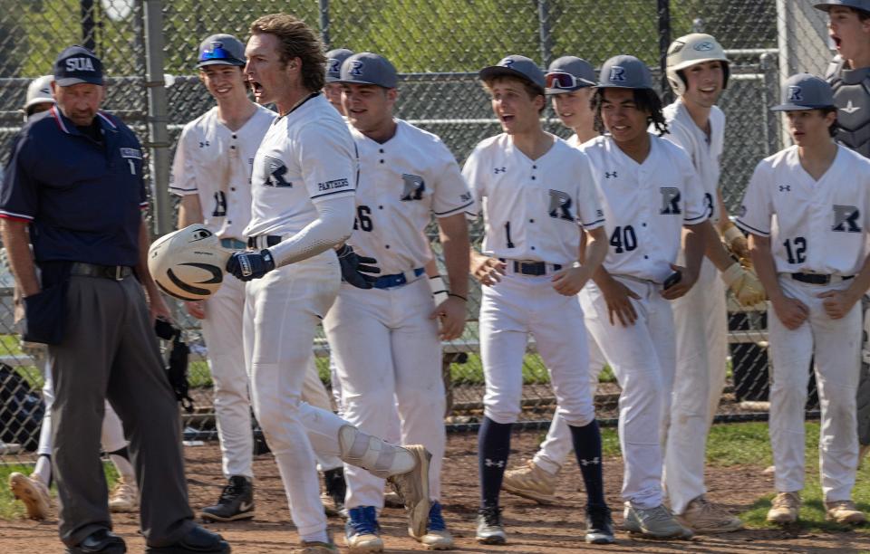 Ranney's Ryan Costello celebrates after his two-run home run in the bottom of the first in Ranney's 7-6 win over previously-unbeaten Matawan on Monday.