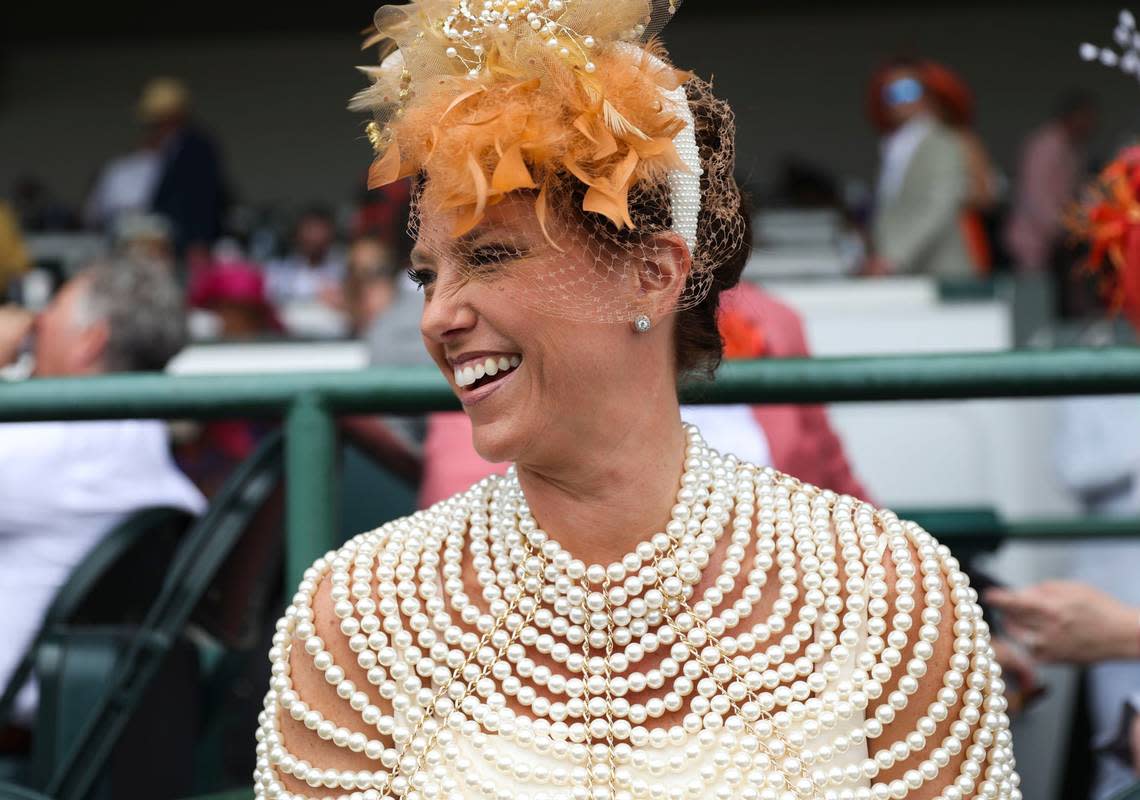 Marnie Rossow based her outfit around her pearl shawl for the Kentucky Derby at Churchill Downs in Louisville, Ky., Saturday, May 6, 2023. She made her fascinator from two seperate pieces. Amy Wallot