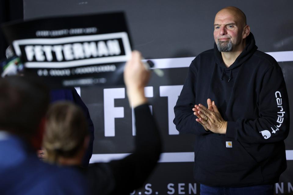 Lieutenant Governor of Pennsylvania and Democratic U.S. Senate candidate John Fetterman thanks audience members after speaking at a campaign event focused on the economy on Nov. 3, 2022, in Wilkes-Barre, Pennsylvania. Fetterman faces Republican candidate, Dr. Mehmet Oz, as part of next Tuesday’s midterm elections.