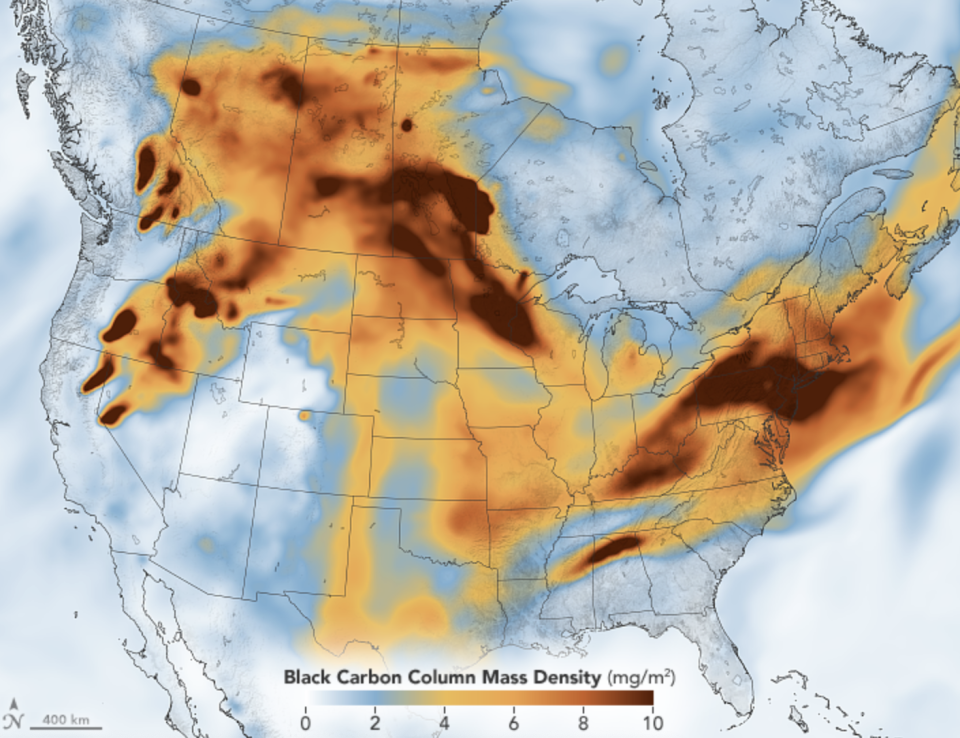 The map shows the  black carbon particulates, or soot, over the US on July 21. Source: NASA Earth Observatory