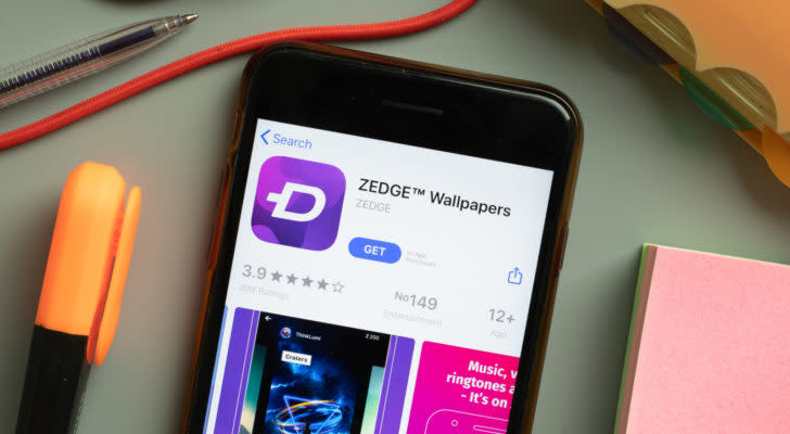 A photo of a smarphone showing the Zedge (ZDGE) app.