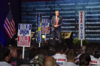 Democratic presidential candidate New York City Mayor Bill de Blasio speaks at the first-ever "Workers' Presidential Summit" at the Convention Center in Philadelphia, Tuesday, Sept. 17, 2019. The Philadelphia Council of the AFL-CIO hosted the event. (Tom Gralish/The Philadelphia Inquirer via AP)