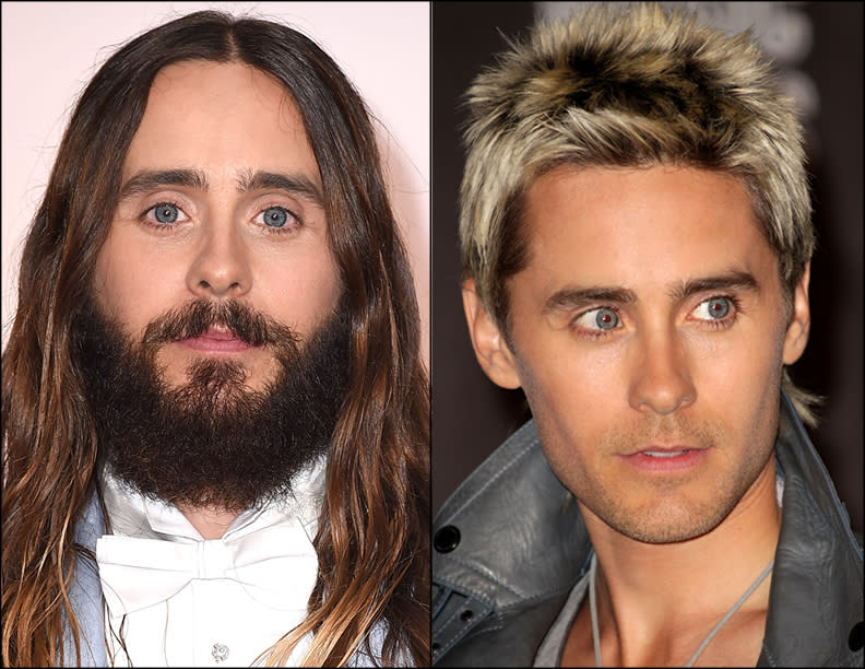 Leto recently chopped off his ponytail, shaved his beard, and dyed his hair blonde for a role—but he’s had that look once before, as pictured here. Beard or not, his piercing blue eyes will make any style work.