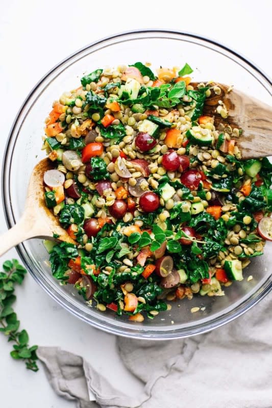 <p>A Simple Palate</p><p>The most delicious crunchy lentil salad! Packed with veggies, sweet grapes and roasted hazelnuts—then topped with a simple yet flavorful lemony herb dressing. </p><p><strong>Get the recipe: <a href="https://asimplepalate.com/blog/the-best-crunchy-lentil-salad/" rel="nofollow noopener" target="_blank" data-ylk="slk:Crunchy Lentil Salad;elm:context_link;itc:0;sec:content-canvas" class="link ">Crunchy Lentil Salad</a></strong></p>