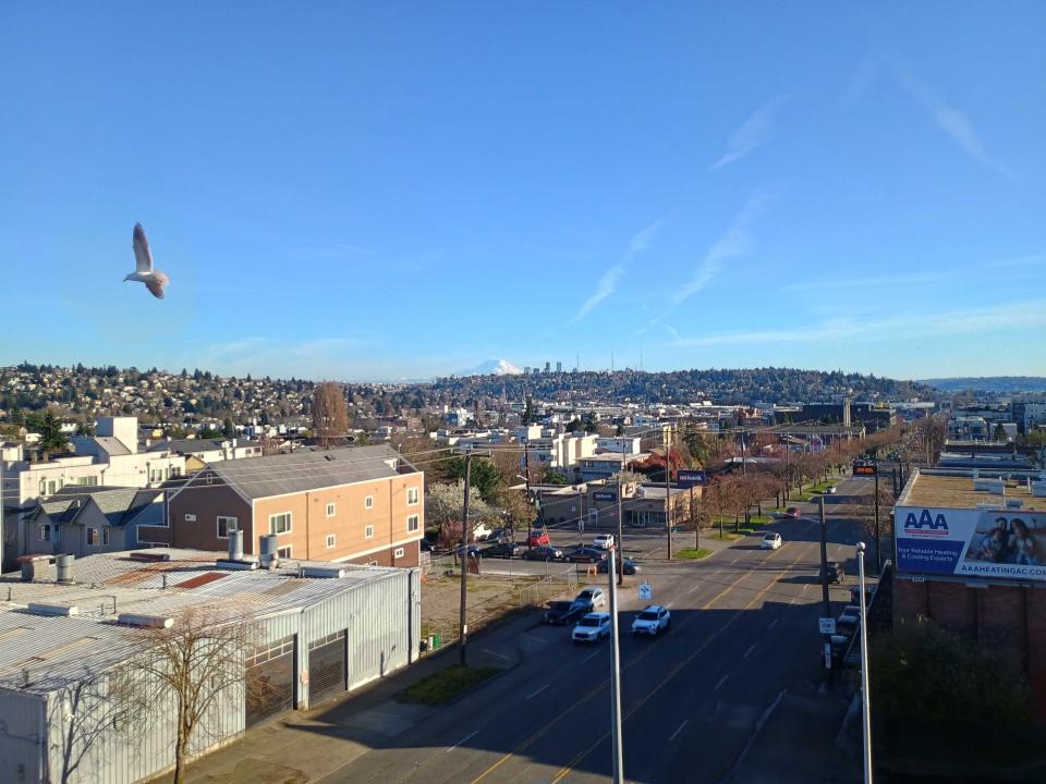 Overlooking a street and neighborhood