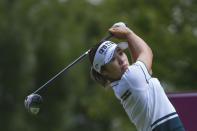 Jeongeun Lee, of South Korea, hits a shot during the last round of the Evian Championship women's golf tournament in Evian, eastern France, Sunday, July 25, 2021. (AP Photo)