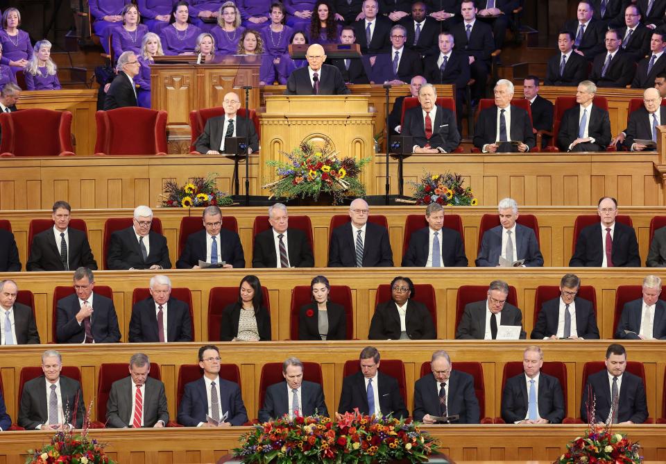 President Dallin H. Oaks, first counselor in the First Presidency, speaks during the funeral for President M. Russell Ballard of The Church of Jesus Christ of Latter-day Saints at the Tabernacle in Salt Lake City on Friday, Nov. 17, 2023. | Jeffrey D. Allred, Deseret News