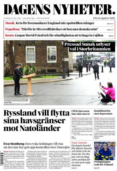 The front page of a Swedish newspaper, which reads: 'Pressured Sunak calls UK election'