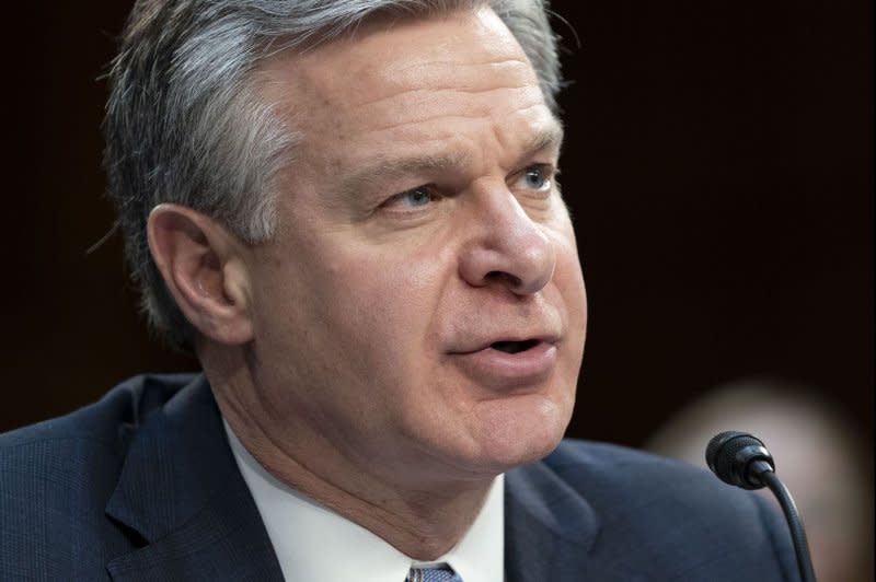 Director of the Federal Bureau of Investigation Christopher Wray warns of "very dangerous threats that emanate from the border," during Monday's Senate Intelligence Committee hearing to "examine worldwide threats." Photo by Bonnie Cash/UPI