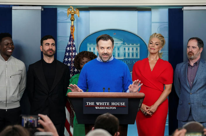 "Ted Lasso" Jason Sudeikis, along with publicist Karine Jean-Pierre and fellow cast members, at a March 20 press briefing to discuss the importance of addressing mental health to promote overall well-being .  (Kevin Lamarque/Reuters)