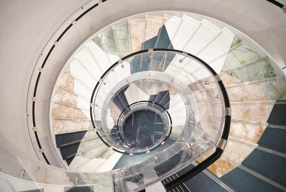 The marble staircase at the Valentino store on Avenue Montaigne.