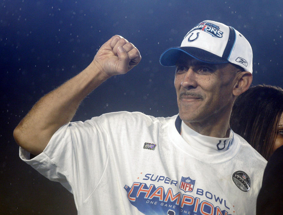 FILE - In this Feb. 4, 2007, file photo, Indianapolis Colts coach Tony Dungy celebrates after beating the Chicago Bears 29-17, in the Super Bowl XLI football game in Miami. In 2003, the NFL had three minority head coaches: future Pro Football Hall of Famer Dungy, Herman Edwards and Marvin Lewis. In the 12 previous seasons, there had been six. Total. Considering that the majority of the players in the league 16 years ago were minorities, that imbalance was enormous. And disturbing. And, frankly, it was unfair. Paul Tagliabue, then the NFL commissioner, put together a committee that established the "Rooney Rule," which requires all teams with coaching and front office vacancies to interview minority candidates. The rule, long overdue, was named for Dan Rooney, then president of the Pittsburgh Steelers and the overseer of that committee. (AP Photo/Chris Carlson, File)