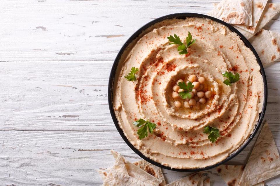 Dish of hummus and pitta bread