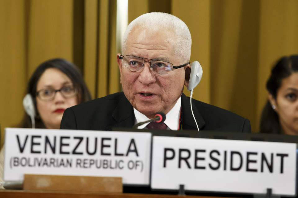 Venezuela's Ambassador Jorge Valero, President of the Conference on Disarmament, delivers a speech, during the Conference on Disarmament, at the European headquarters of the United Nations in Geneva, Switzerland, Tuesday, May 28, 2019. (Salvatore Di Nolfi/Keystone via AP)