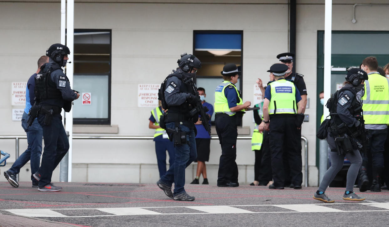 Counter Terrorist Specialist Firearms Officers at the Royal Sussex County Hospital in Brighton, a man has been arrested on suspicion of attempted murder after a member of hospital staff was stabbed, according to police.