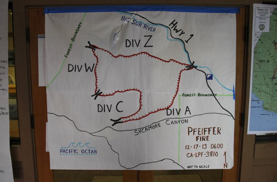 A map of the Pfeiffer Fire is displayed at the Ranger Station in Big Sur