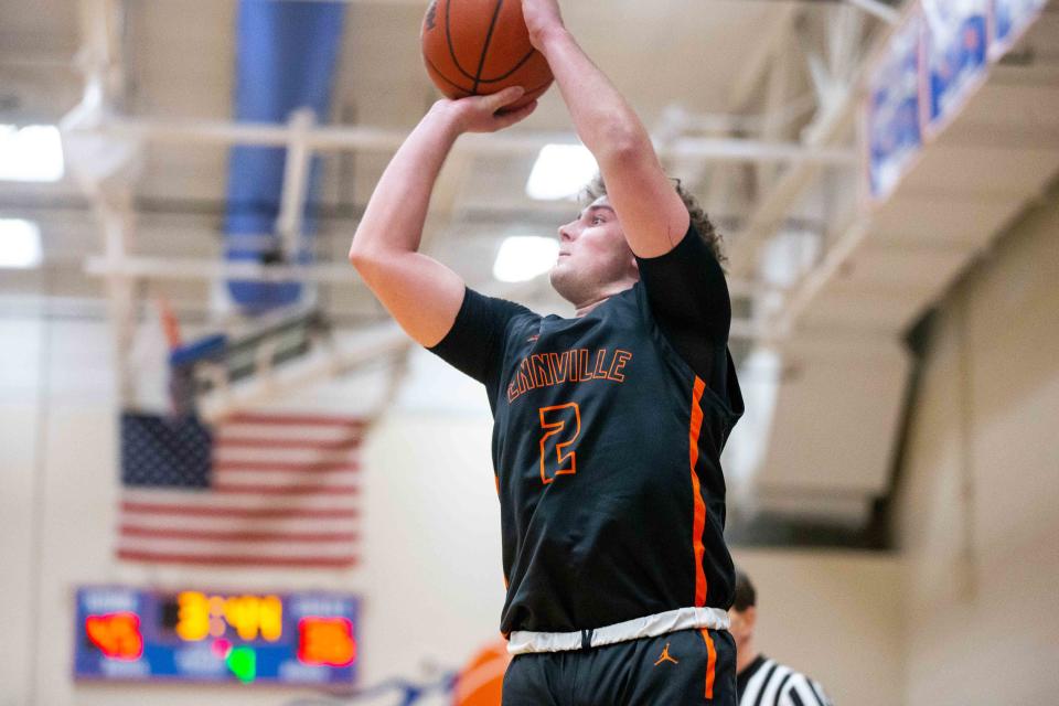 Fennville's Ben Peterson takes a three from the corner Monday, Feb. 6, 2023, at Saugatuck High School. 