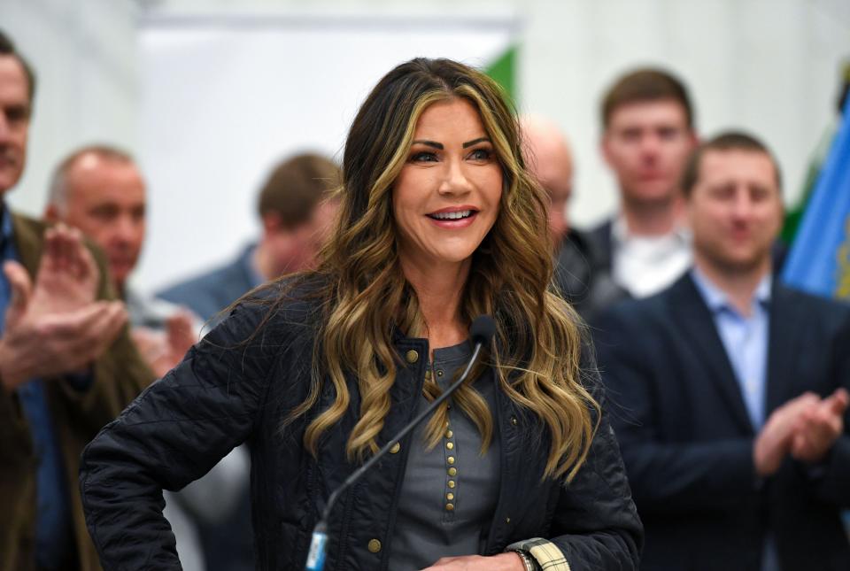 Governor Kristi Noem smiles during a press conference to sign HB 1090 into law on Wednesday, March 15, 2023, at C&B Operations in Mitchell.