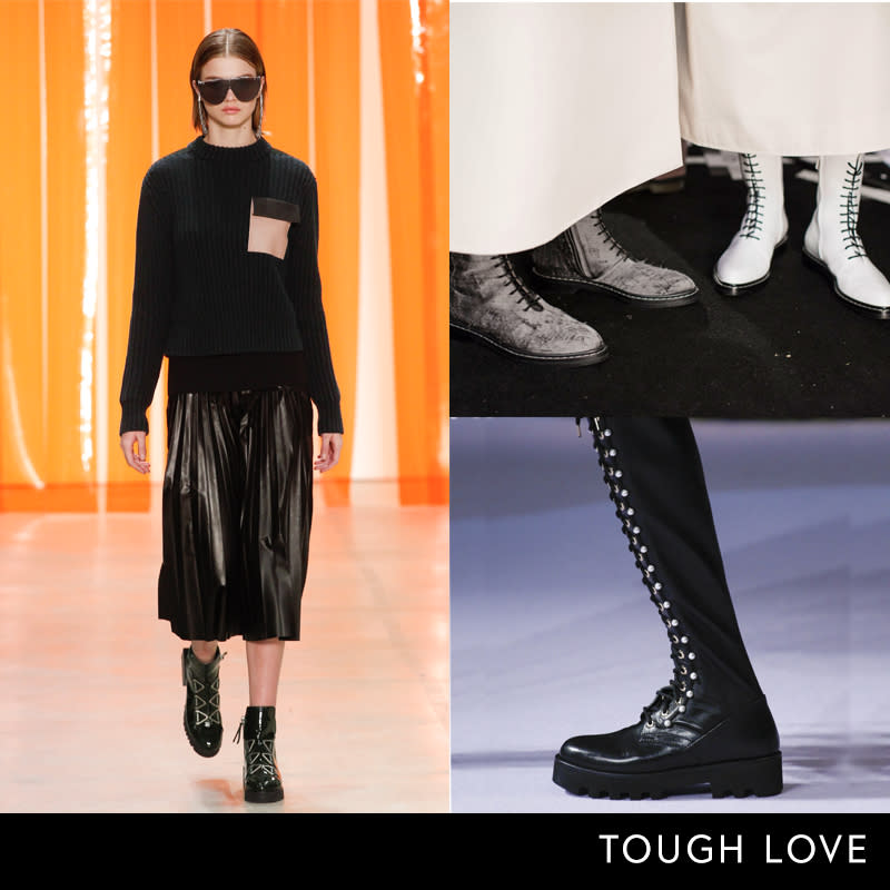 <p>Chunky leather boots with track soles, laces and edgy embellishments are reminiscent of '90s grunge.</p> <h4>Courtesy of Dion Lee, The Row, Altuzarra</h4>