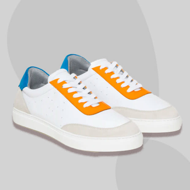 <p>Courtesy of M&period;Gemi</p><p>For guys who like a color accent on their white sneakers, Italian-made M.Gemi has one of the best. The Paolo is a great balance of subtle and exciting with its white leather and off-white suede upper paired with colorful heel and lace trim panels. </p><p>Looks aside, the Paolo is ultra-lightweight thanks to its special rubber sole and also boasts a temperature-regulating insole with defined arches. Pay special attention to sizing as these run in European whole sizes only. We’d recommend sizing up. </p><p>[$278; <a href="https://go.skimresources.com?id=106246X1712071&xs=1&xcust=mensjournal.com/style/walking-shoes&url=https%3A%2F%2Fmgemi.com%2Fproducts%2Fthe-paolo-orange-and-blue-multi-leather-and-suede" rel="nofollow noopener" target="_blank" data-ylk="slk:mgemi.com;elm:context_link;itc:0" class="link ">mgemi.com</a>]</p>