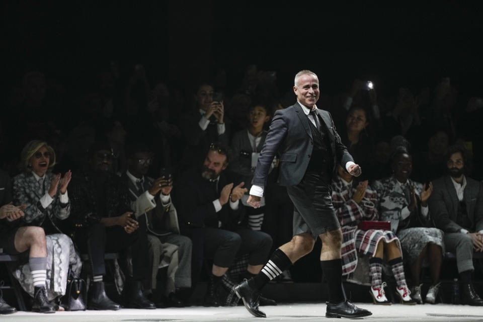 Designer Thom Browne acknowledges the audience applause after his collection was presented during Fashion Week, Tuesday, Feb. 14, 2023, in New York. (AP Photo/Mary Altaffer)