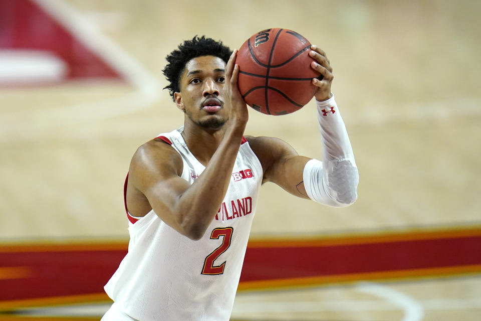 Maryland guard Aaron Wiggins shoots a free throw against St. Peter's during the first half of an NCAA college basketball game, Friday, Dec. 4, 2020, in College Park, Md. (AP Photo/Julio Cortez)